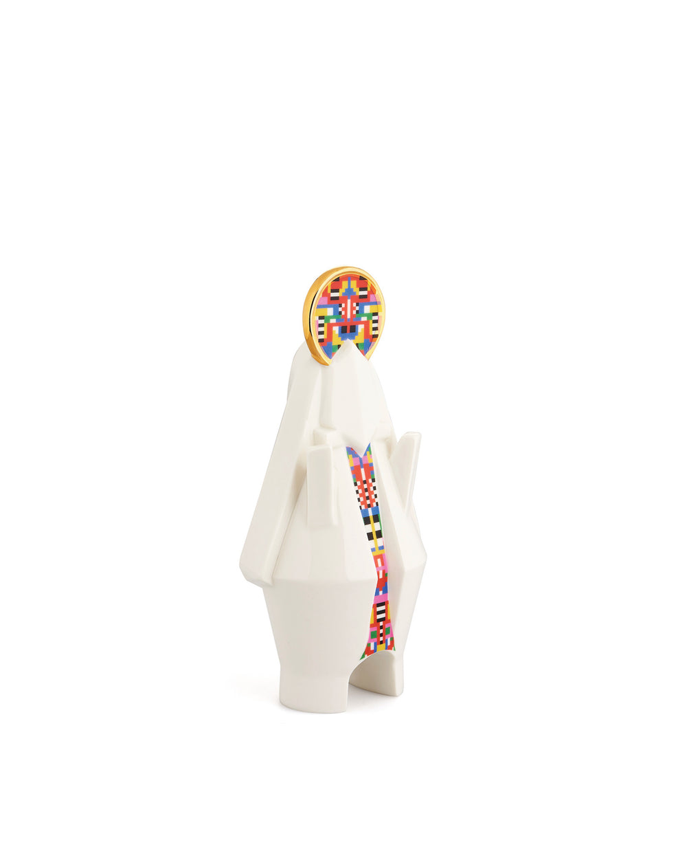 White faceted Mary statuette by Alessi with a gold halo and colorful pixelated patterns.