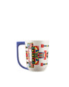 A white mug with a blue handle by Alessi, featuring a vibrant pixelated geometric pattern.
