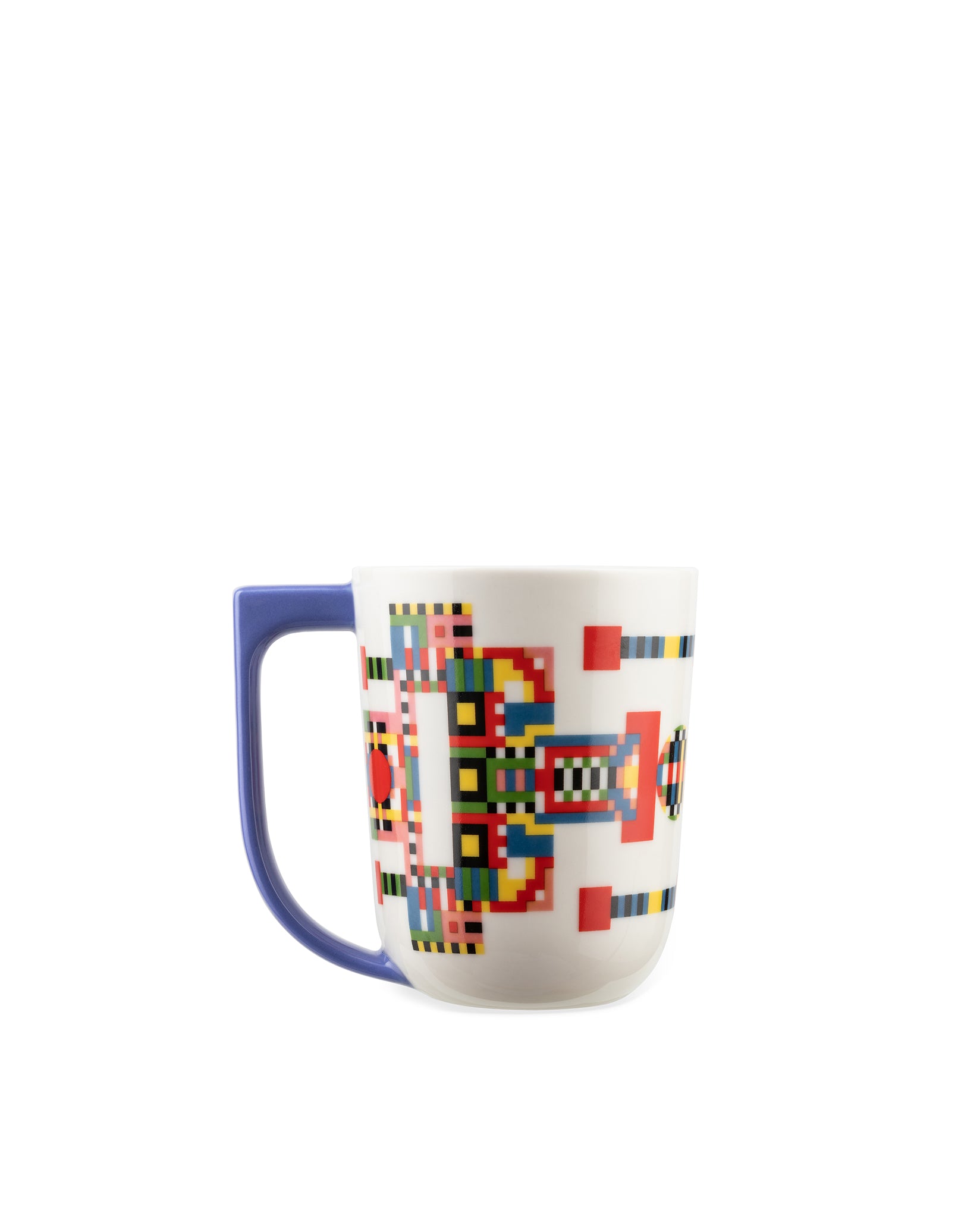 A white mug with a blue handle by Alessi, featuring a vibrant pixelated geometric pattern.