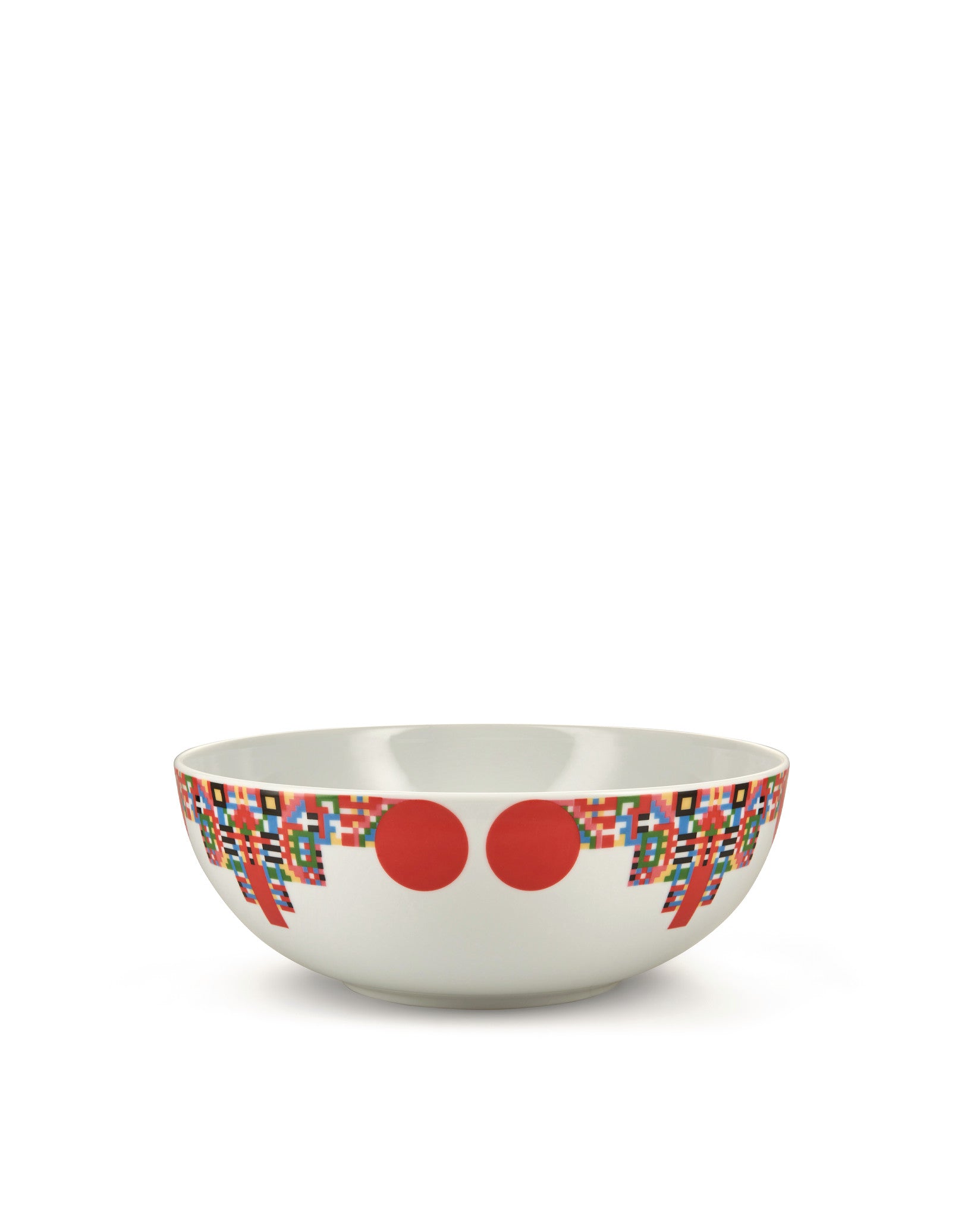 White ceramic bowl by Alessi with a colorful geometric pixel pattern and two central red circles.