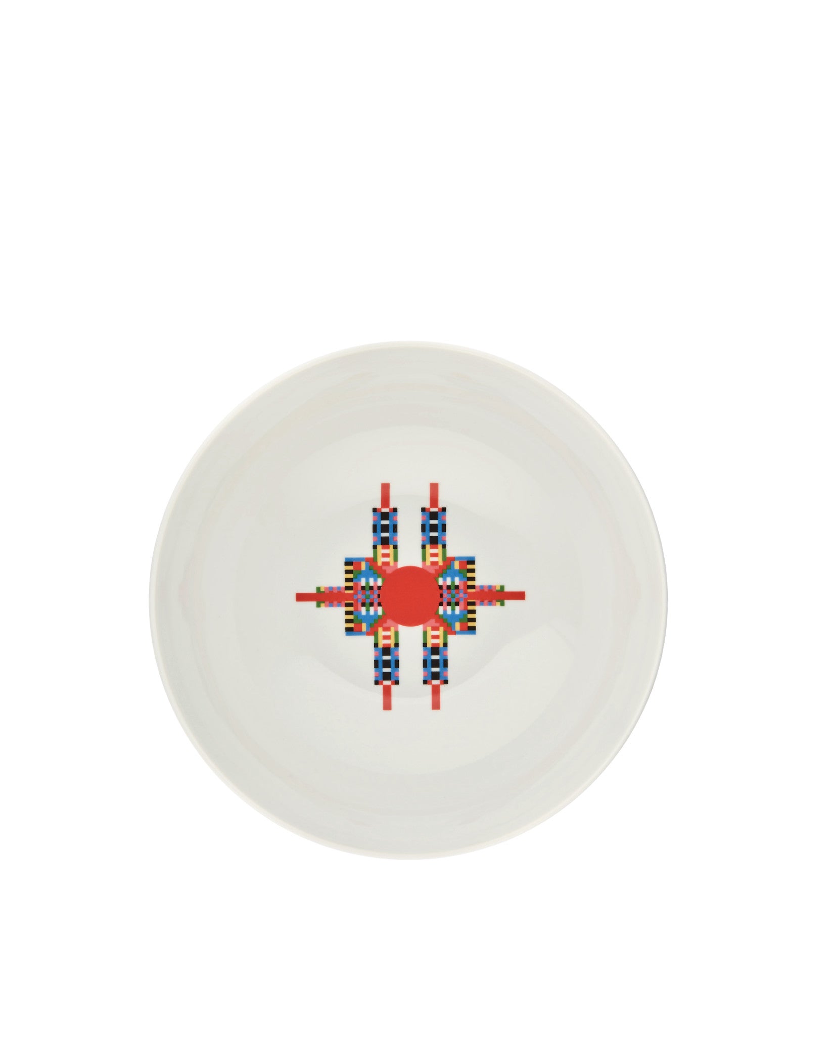 Off-white ceramic serving bowl by Alessi, featuring a central multicolored geometric pixelated pattern.