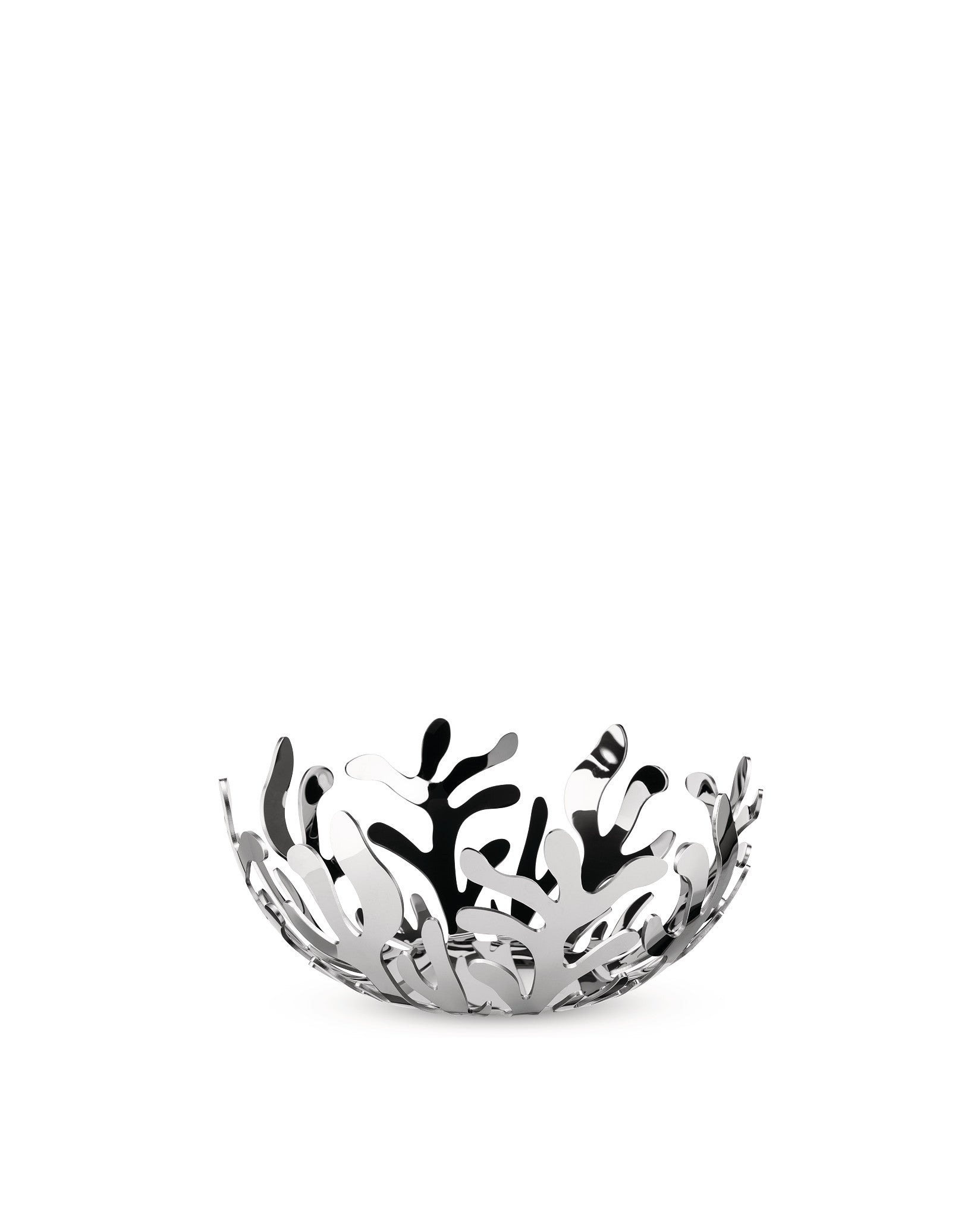 Silver metal decorative bowl by Alessi with an intricate coral-like cut-out pattern.