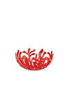 Red openwork decorative bowl by Alessi, featuring an intricate coral-like design with a glossy finish, front view.