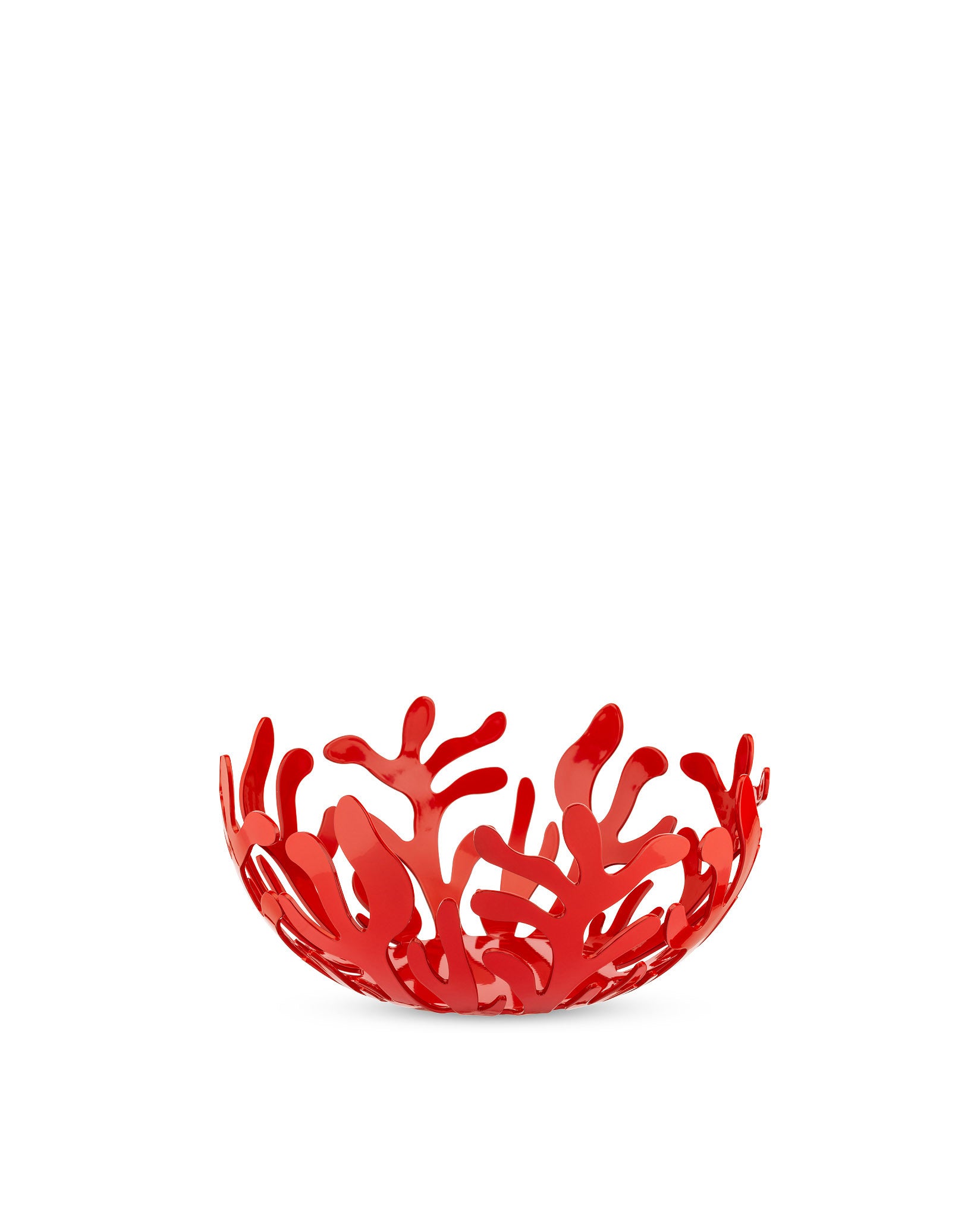 Red openwork decorative bowl by Alessi, featuring an intricate coral-like design with a glossy finish, front view.