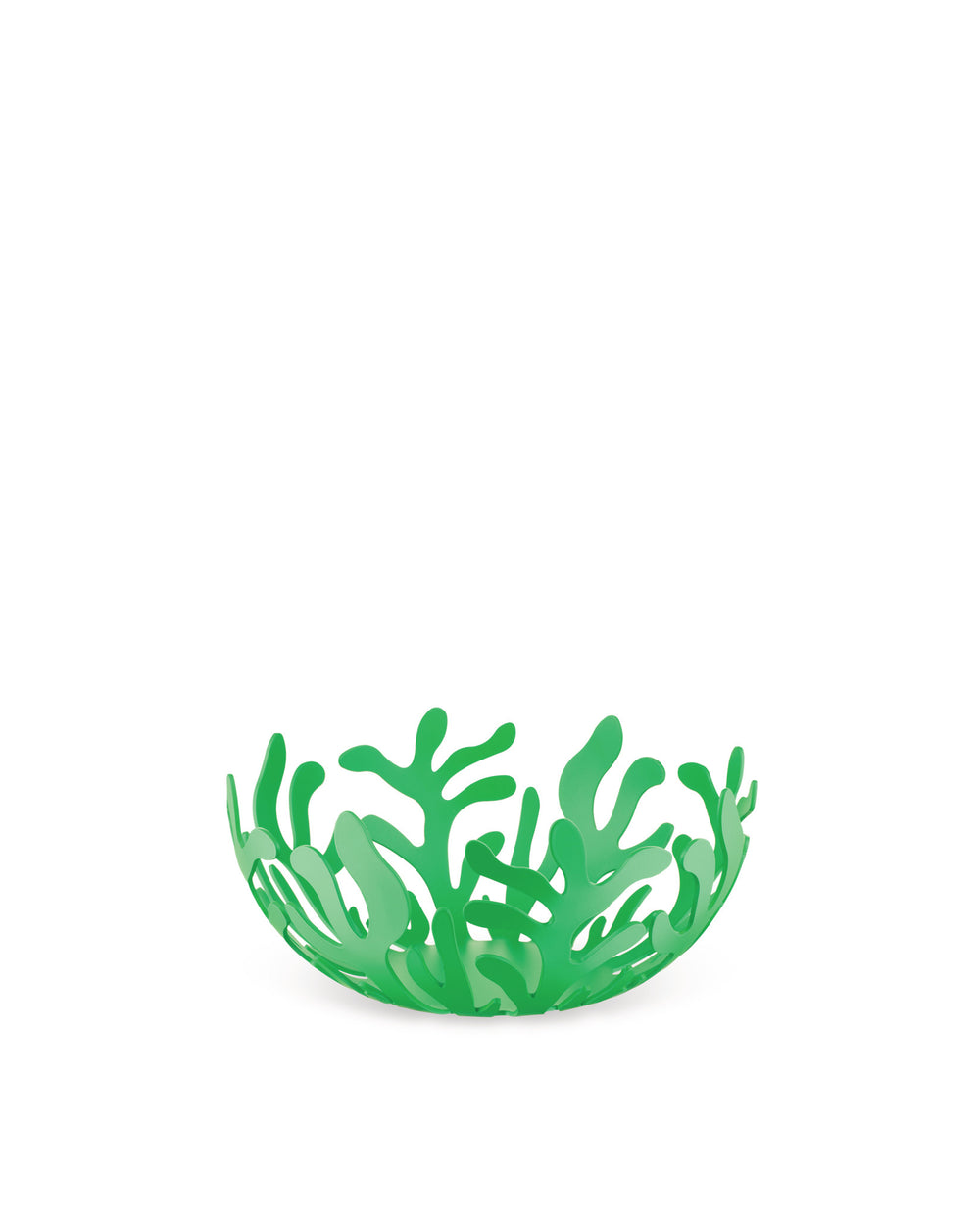 Green openwork fruit bowl by Alessi, featuring a delicate coral-like branch design.