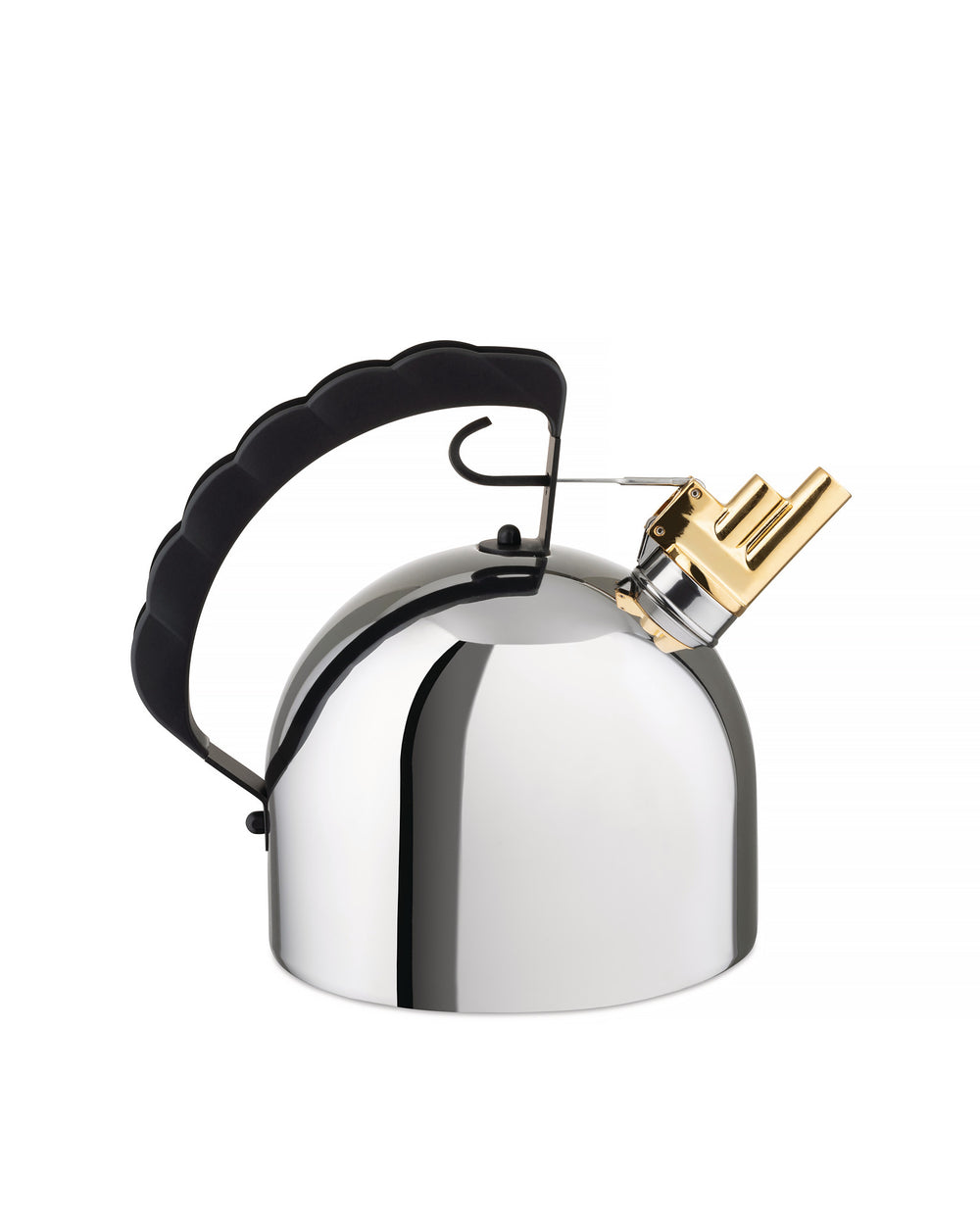 Polished silver stovetop kettle by Alessi with a black sculpted handle and a gold-toned whistle spout.