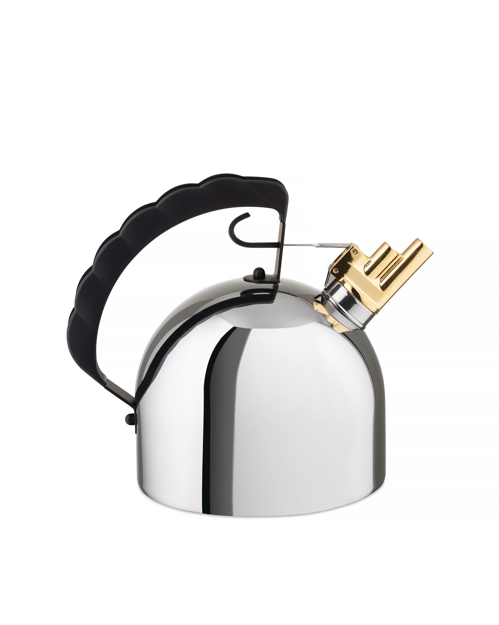Polished silver stovetop kettle by Alessi with a black sculpted handle and a gold-toned whistle spout.