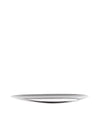 Silver metal serving platter by Alessi, with a sleek, reflective finish and curved edges.