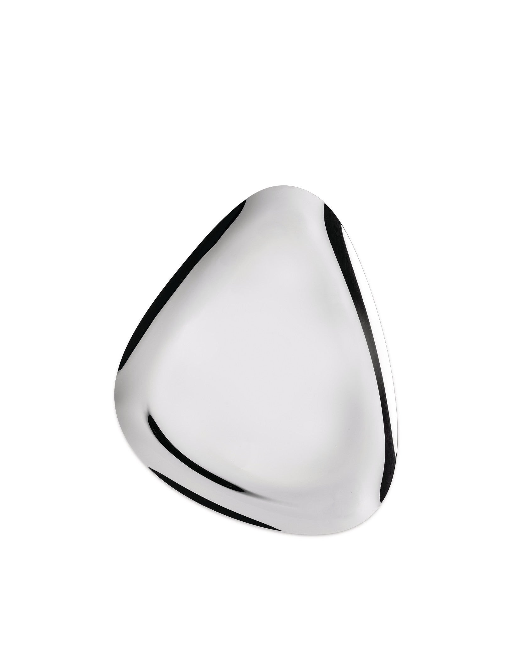 Small silver polished metal serving dish by Alessi, with a smooth organic triangular shape and reflections.