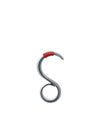 Polished chrome S-shaped utility tool by Alessi, with a vibrant red tip and a circular loop base.