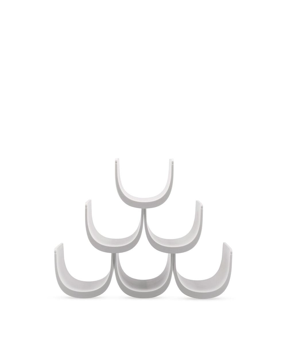 Light grey modular wine rack by Alessi, arranged in a pyramid shape on a white background.