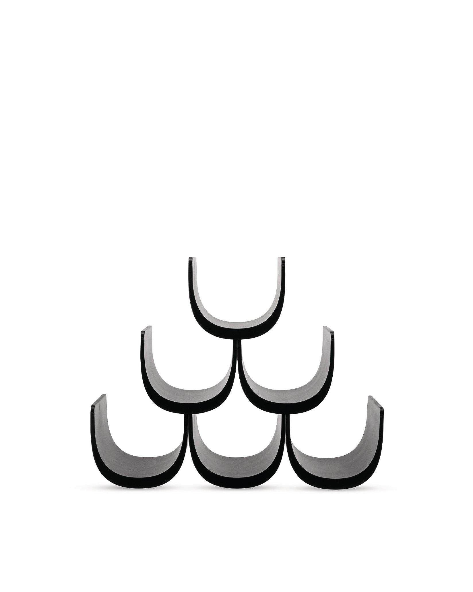 Black and gray modular wine rack by Alessi, forming a pyramid of six bottle compartments on white.
