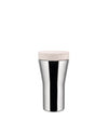 Stainless steel travel mug by Alessi with a light beige lid featuring the Alessi logo, shown frontally.