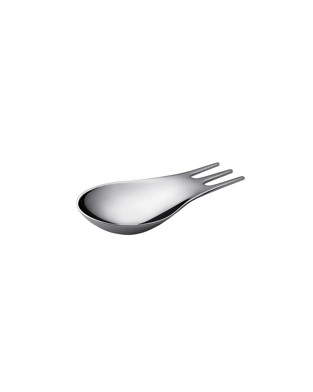 Silver polished spork by Alessi with three tines and a deep spoon bowl, shown angled on white.