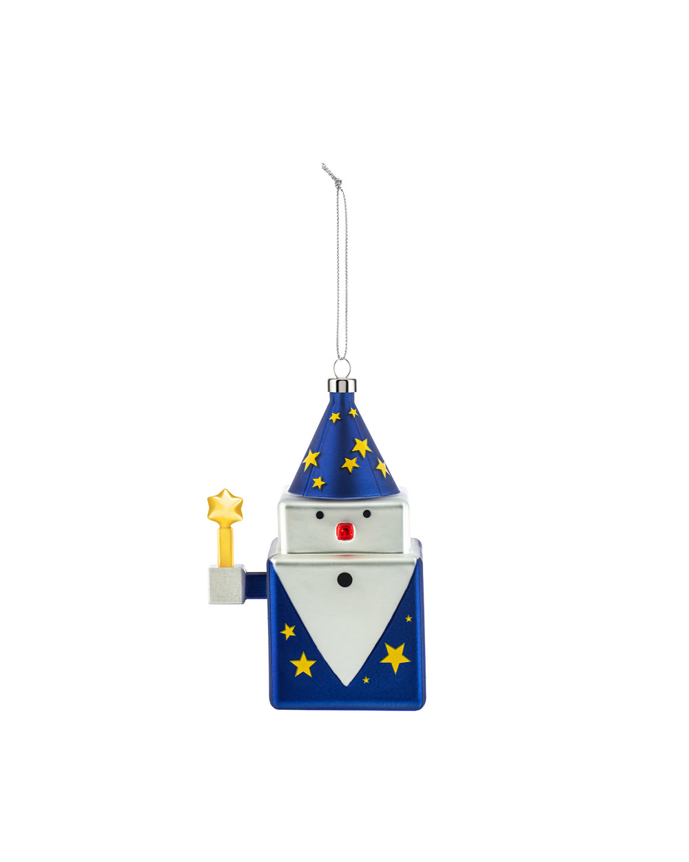 Blue and silver Cubomago ornament by Alessi, shaped like a wizard with a starry hat and gold star wand.