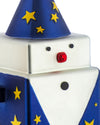 Blue and white Cubomago by Alessi with a wizard hat top, yellow stars, and a red light for a nose.
