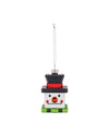 Snow Cube snowman ornament by Alessi, with black hat, red band, white face, orange nose, green striped base, and silver hanging chain.