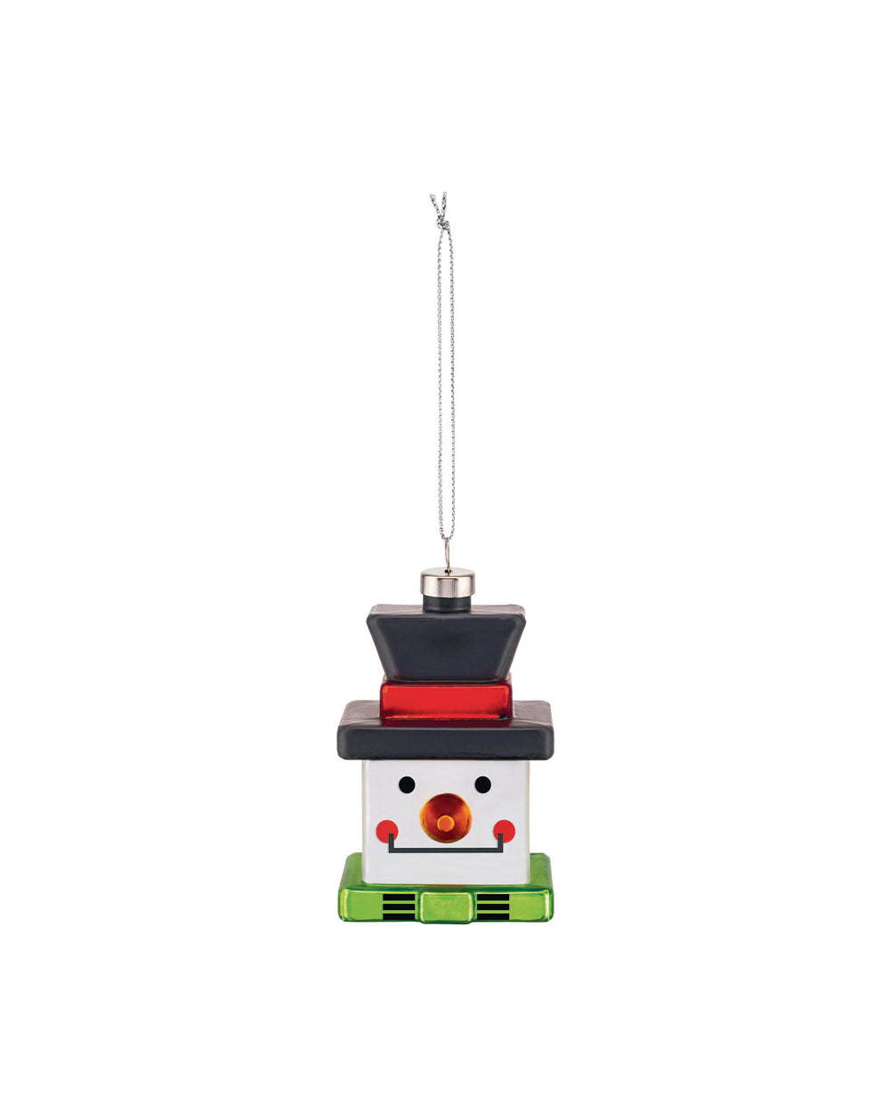 Snow Cube snowman ornament by Alessi, with black hat, red band, white face, orange nose, green striped base, and silver hanging chain.