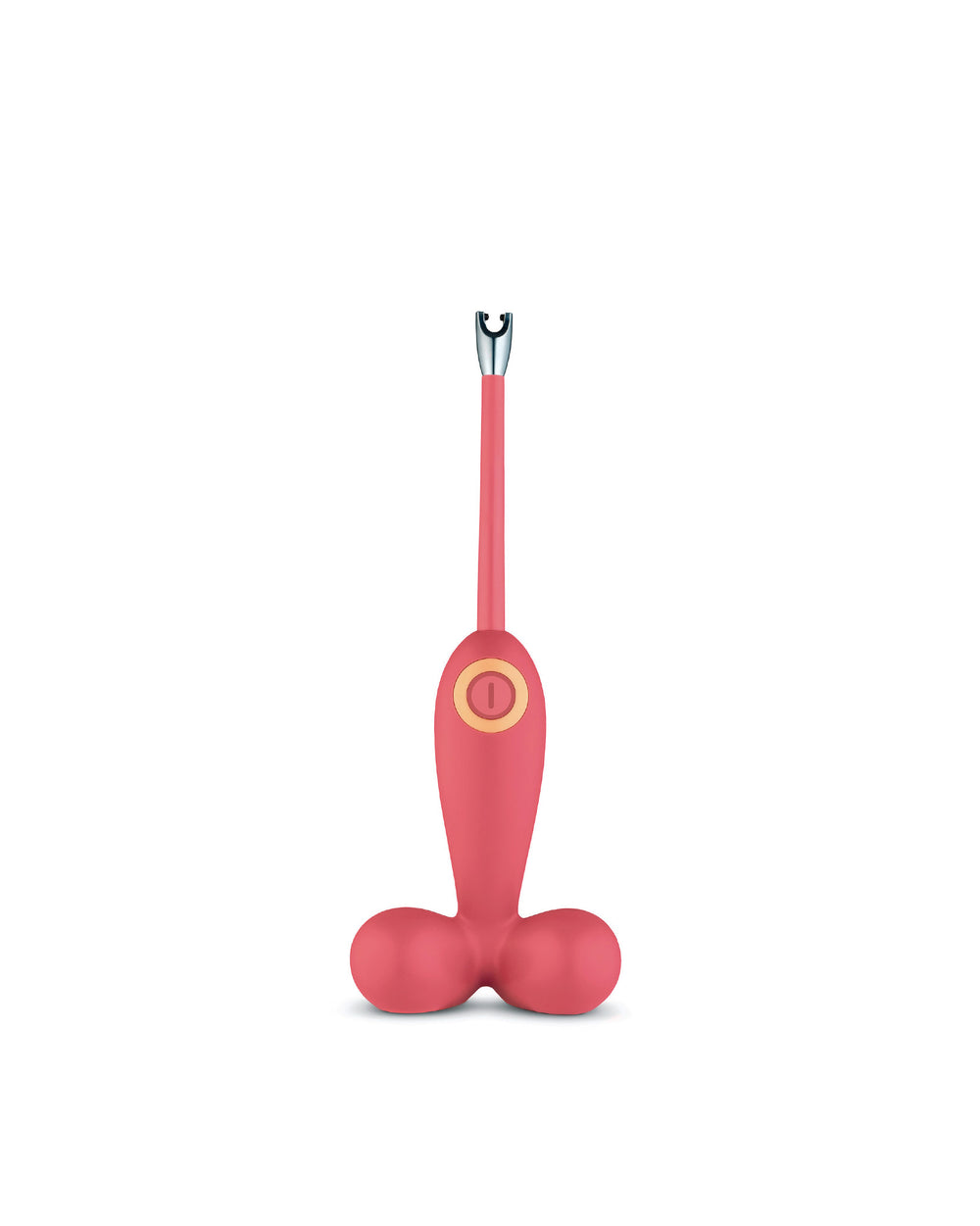 Pink novelty lighter by Alessi, featuring a base with two spheres, a slender body, chrome tip, and round orange button.