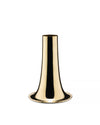 Gold trumpet-shaped vase by Alessi, with a polished, reflective finish, isolated on a white background.