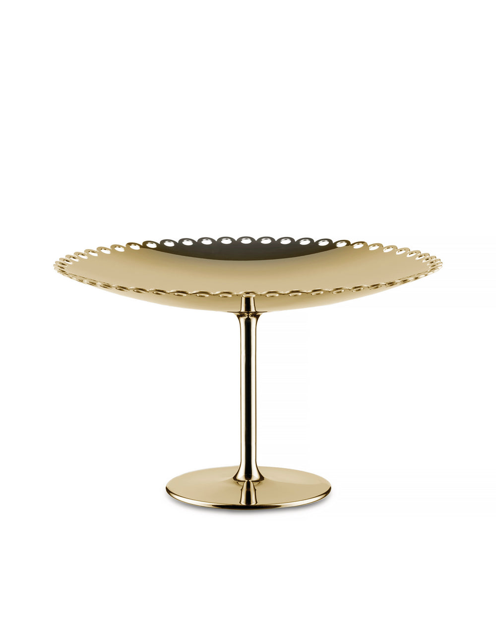 Gold fruit holder by Alessi with a scalloped edge, elevated on a polished stem and base.