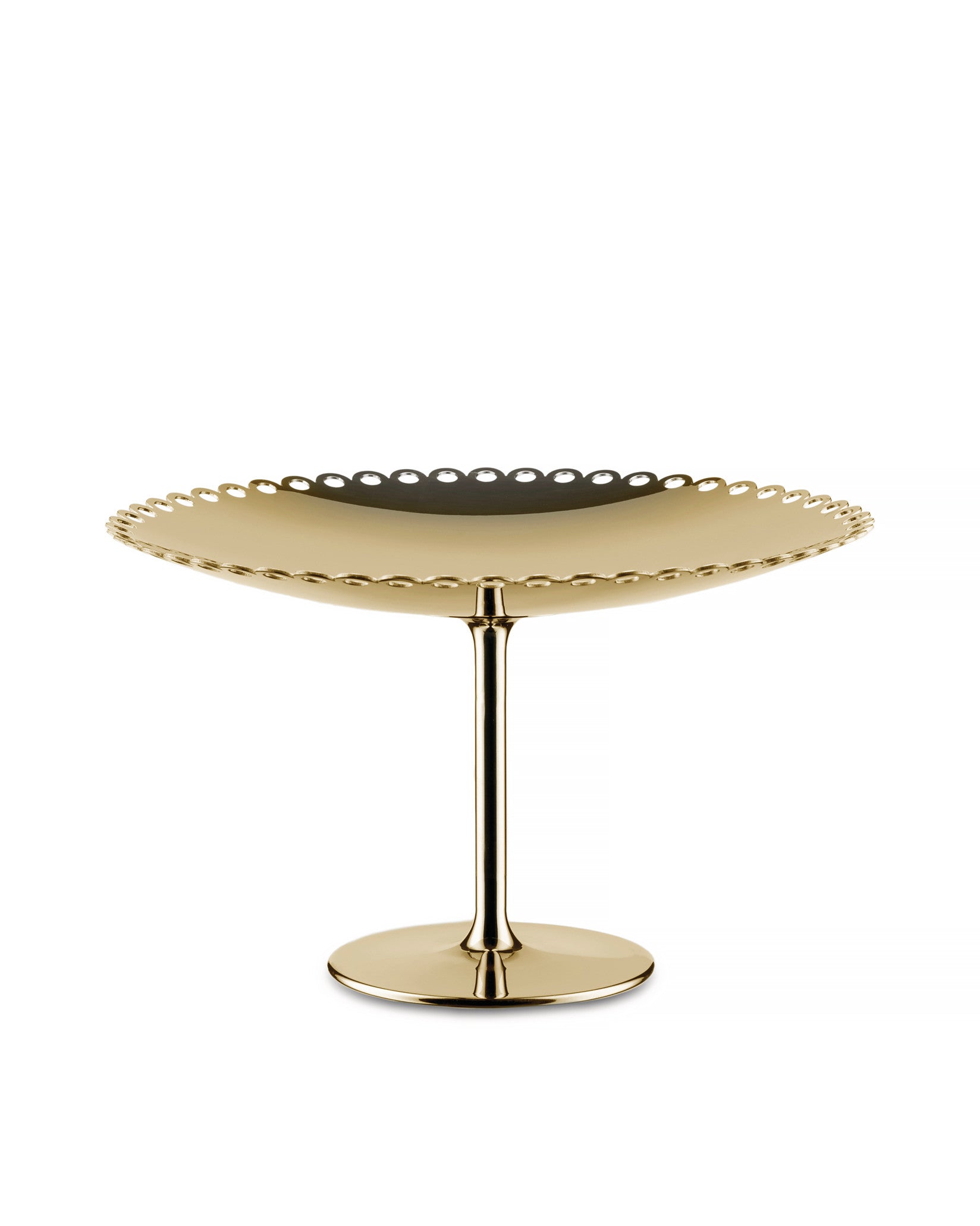 Gold fruit holder by Alessi with a scalloped edge, elevated on a polished stem and base.