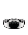 Silver metal bowl by Alessi with a scalloped rim and perforated design.