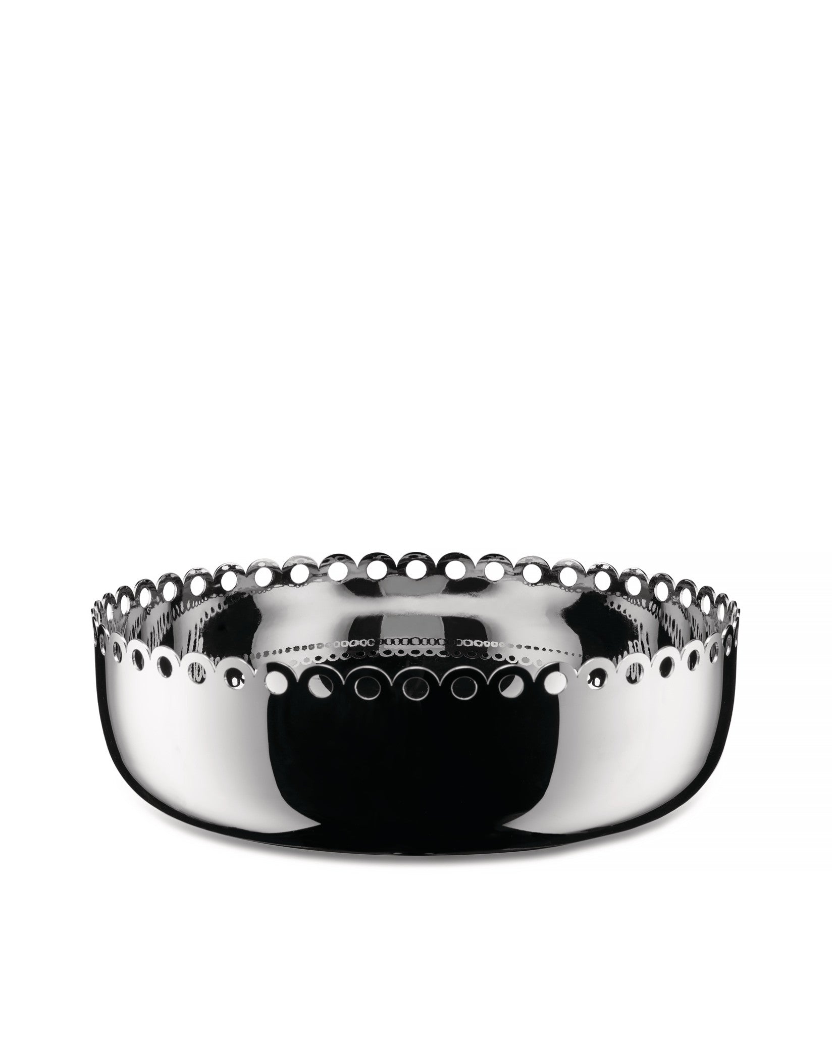 Silver metal bowl by Alessi with a scalloped rim and perforated design.