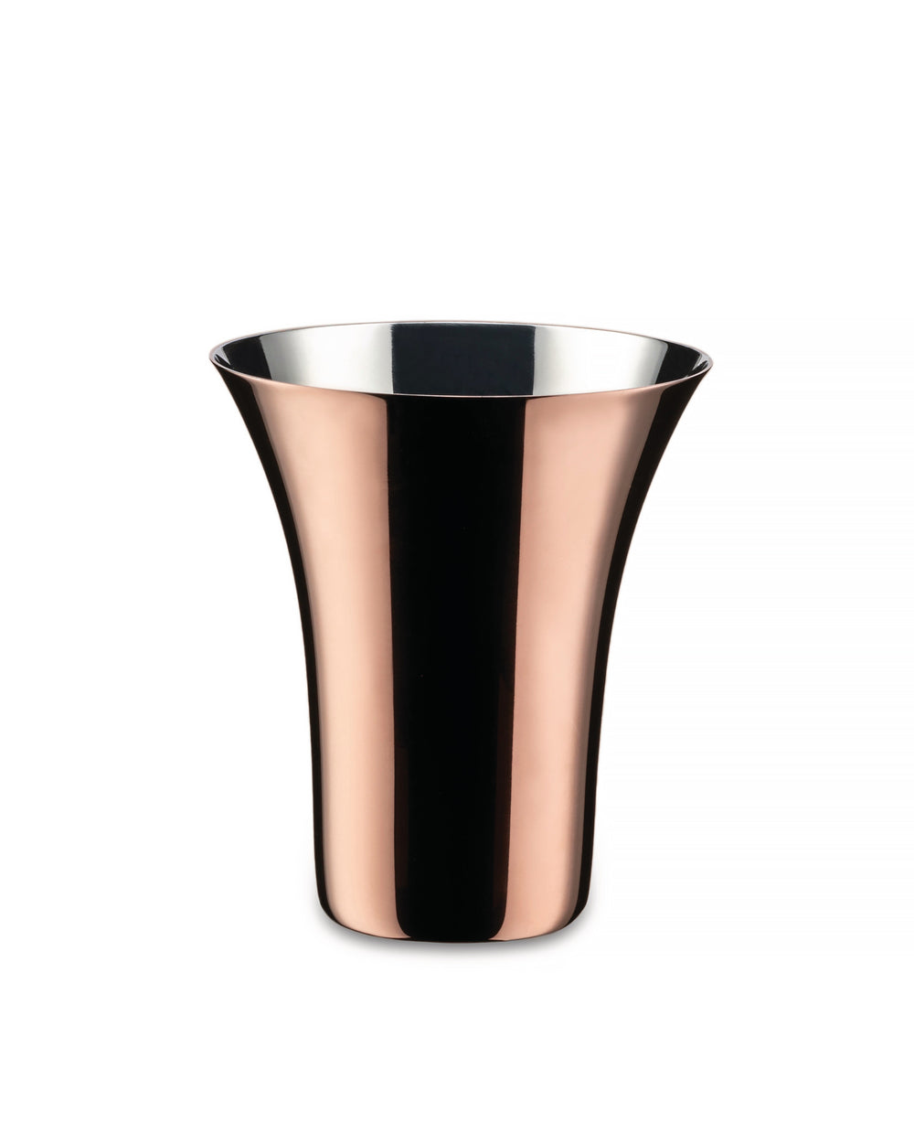 Reflective copper metal tumbler by Alessi, with a flared rim and shiny silver interior.