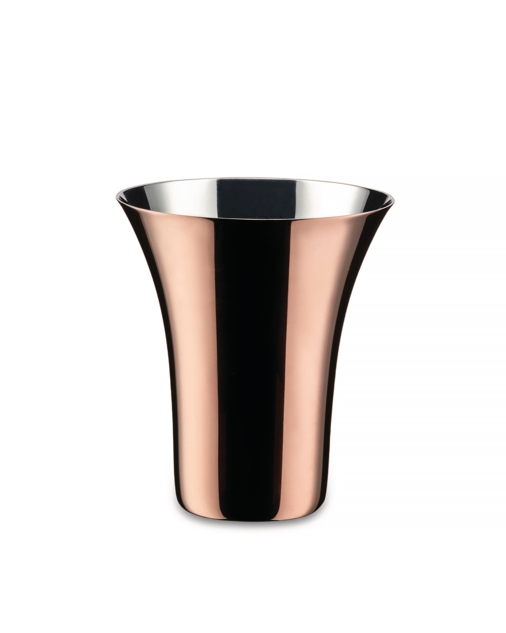 Reflective copper metal tumbler by Alessi, with a flared rim and shiny silver interior.