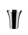 Flared polished metal tumbler by Alessi, reflecting bright and dark stripes.