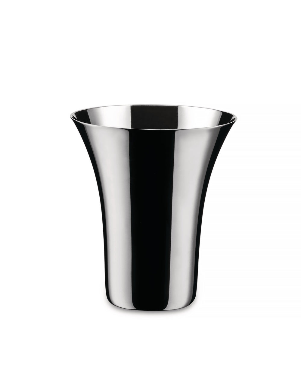 Flared polished metal tumbler by Alessi, reflecting bright and dark stripes.