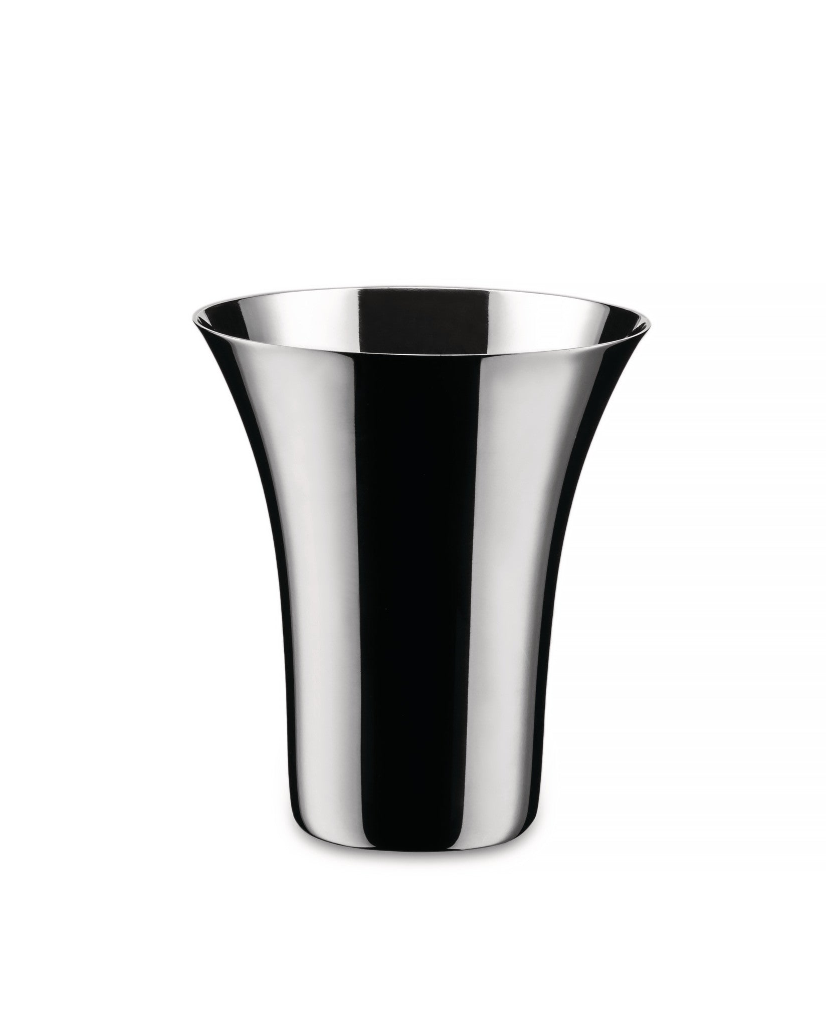 Flared polished metal tumbler by Alessi, reflecting bright and dark stripes.