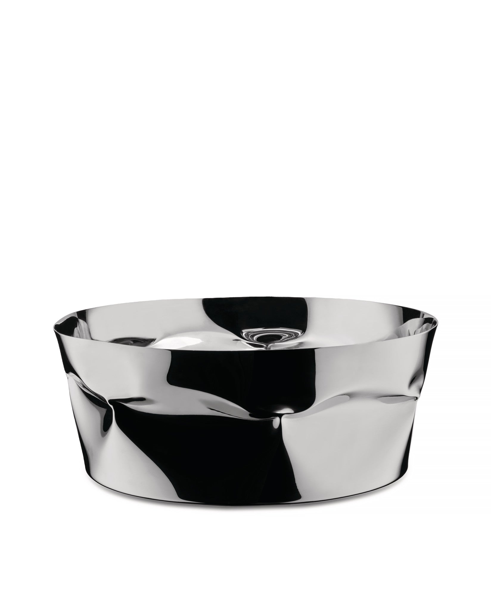 Crinkled silver metal bowl by Alessi, with a highly reflective, irregular surface.