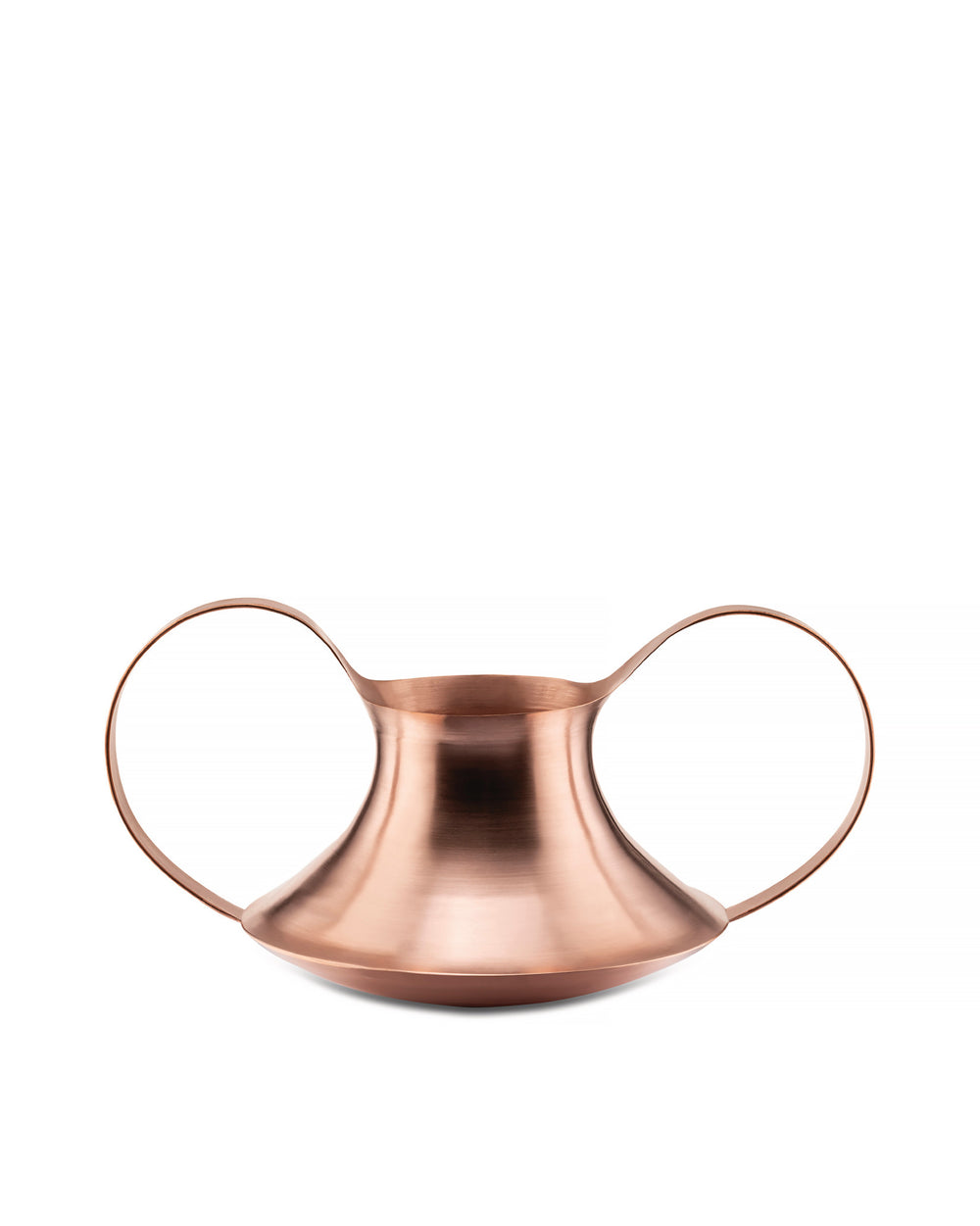Copper metal vase by Alessi with two large, loop-shaped handles.