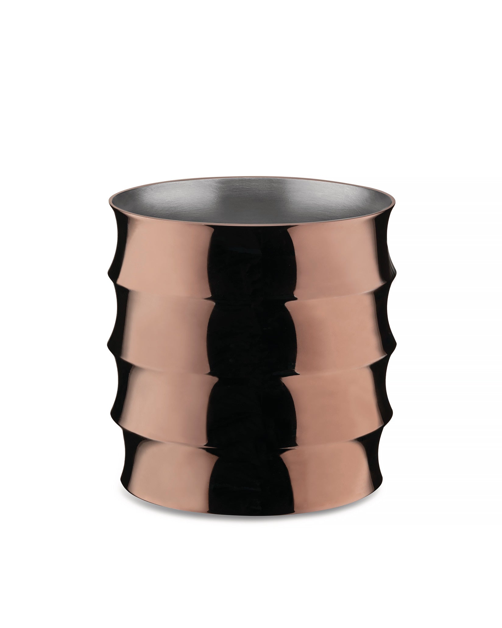 Reflective copper-toned Dervisci glass by Alessi with a wavy exterior and silver interior.