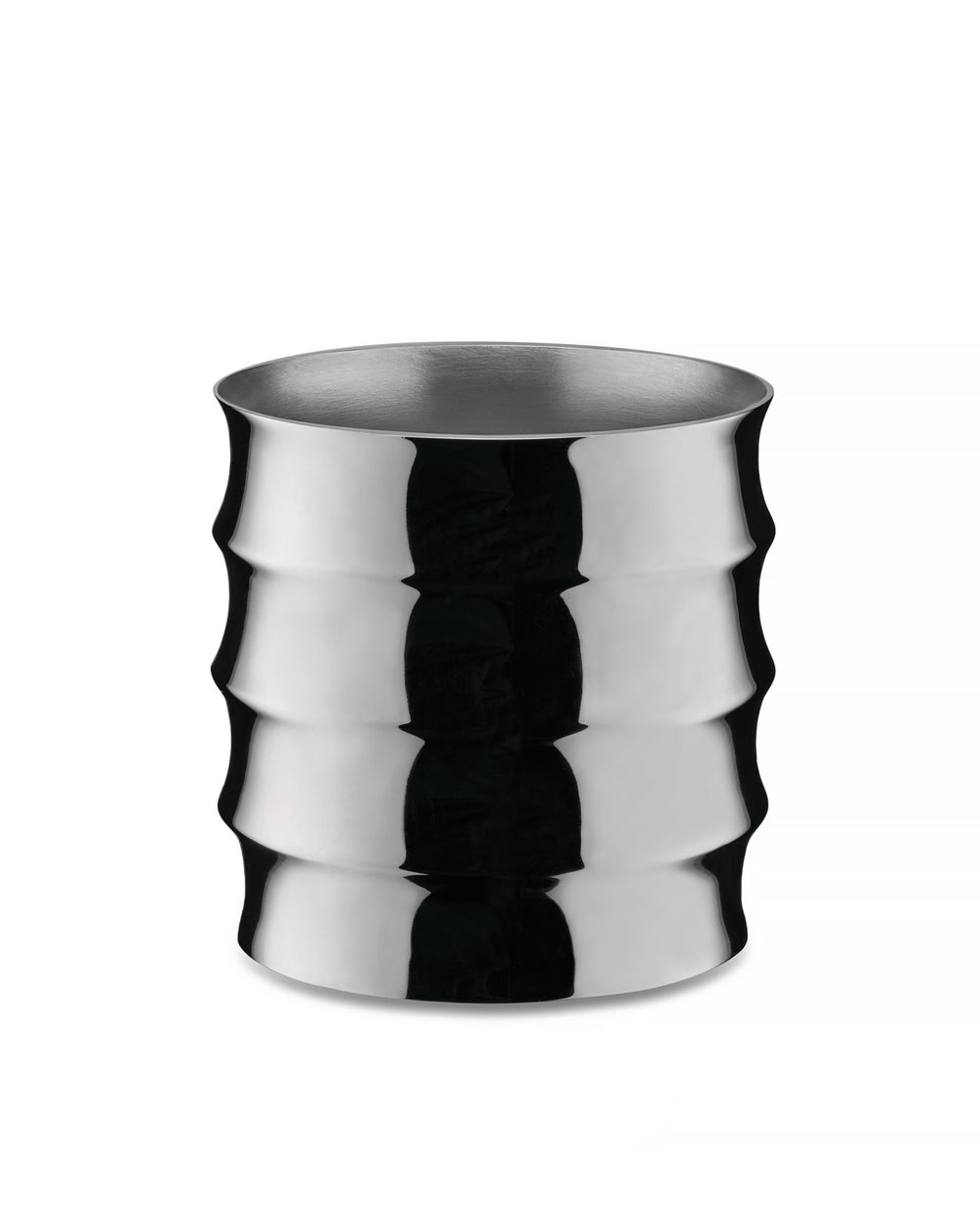 Silver metal glass by Alessi with a wavy ribbed exterior.