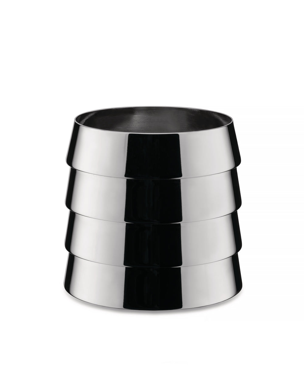 Shiny silver Dervisci glasses by Alessi, a stack of four tapered metal rings with dark reflections, on a white background.
