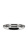 Polished silver metal serving platter by Alessi with a smooth, highly reflective finish.