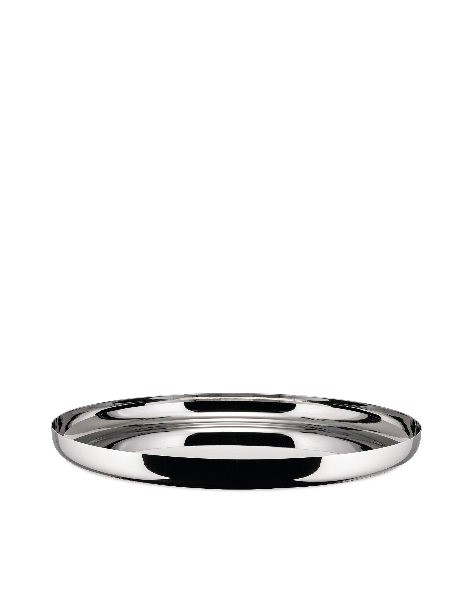 Polished silver metal serving platter by Alessi with a smooth, highly reflective finish.