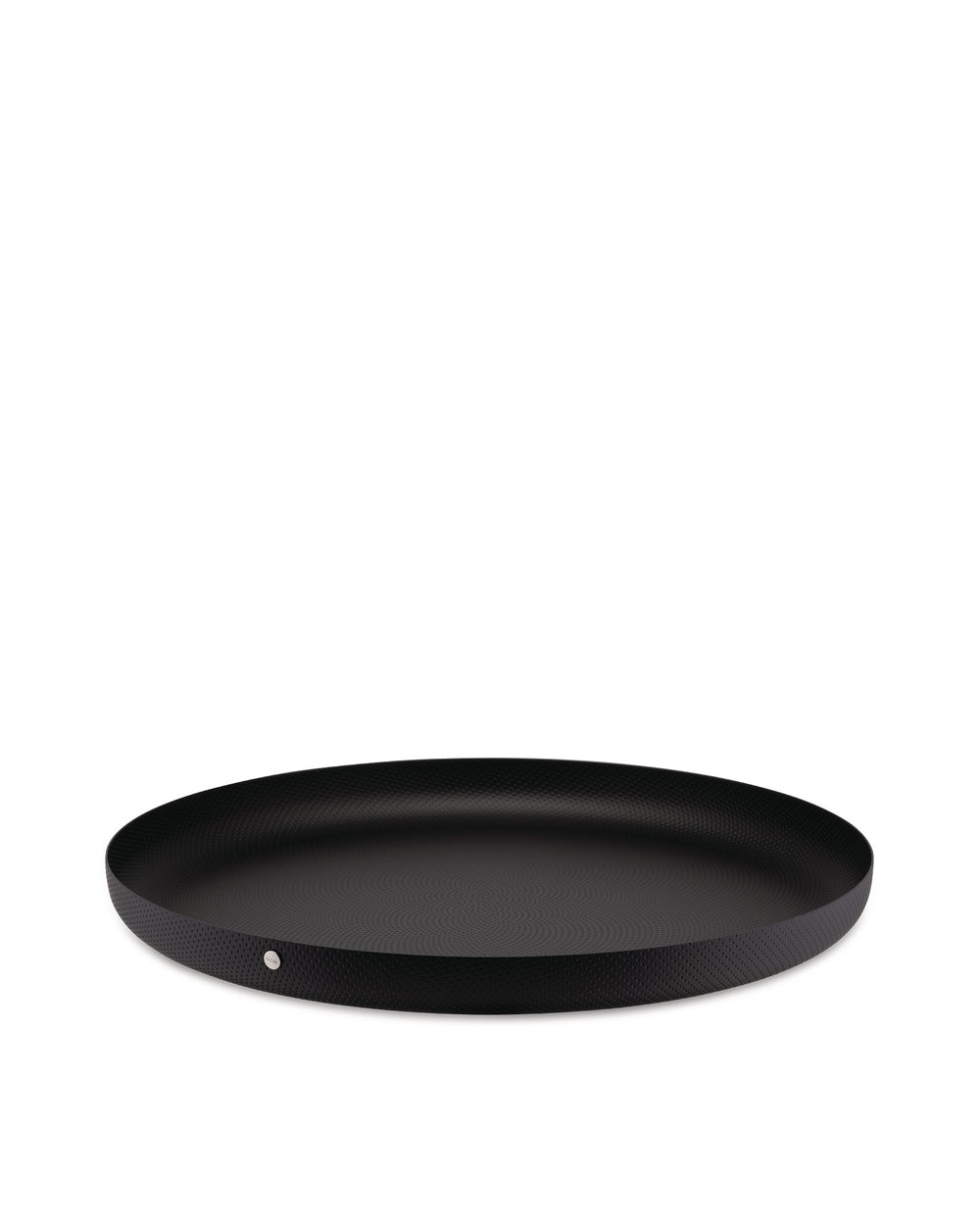 Round black tray by Alessi featuring a distinct dimpled texture across its surface and rim.