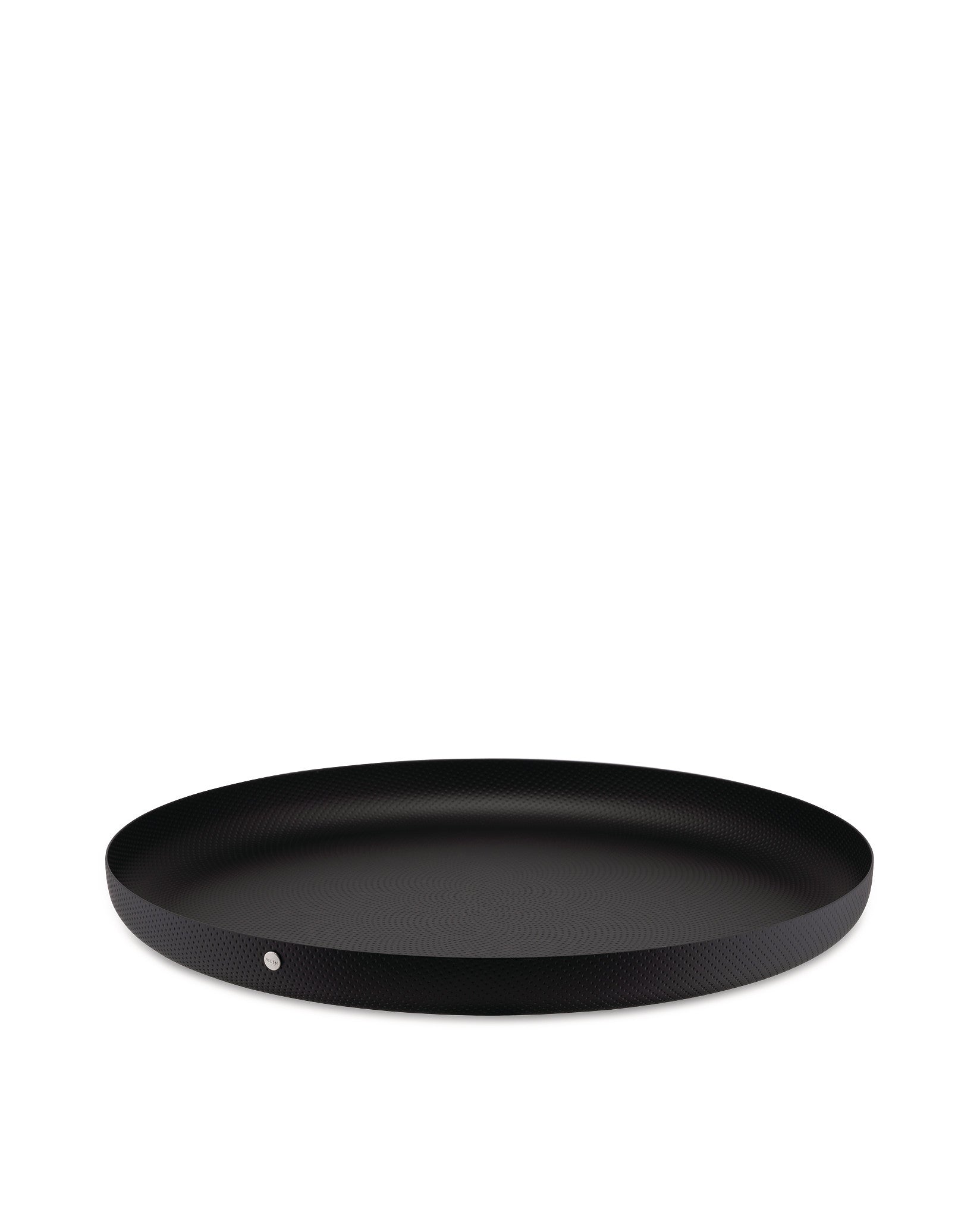 Round black tray by Alessi featuring a distinct dimpled texture across its surface and rim.