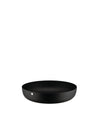 Round black bowl by Alessi with a textured surface and small silver button accent.