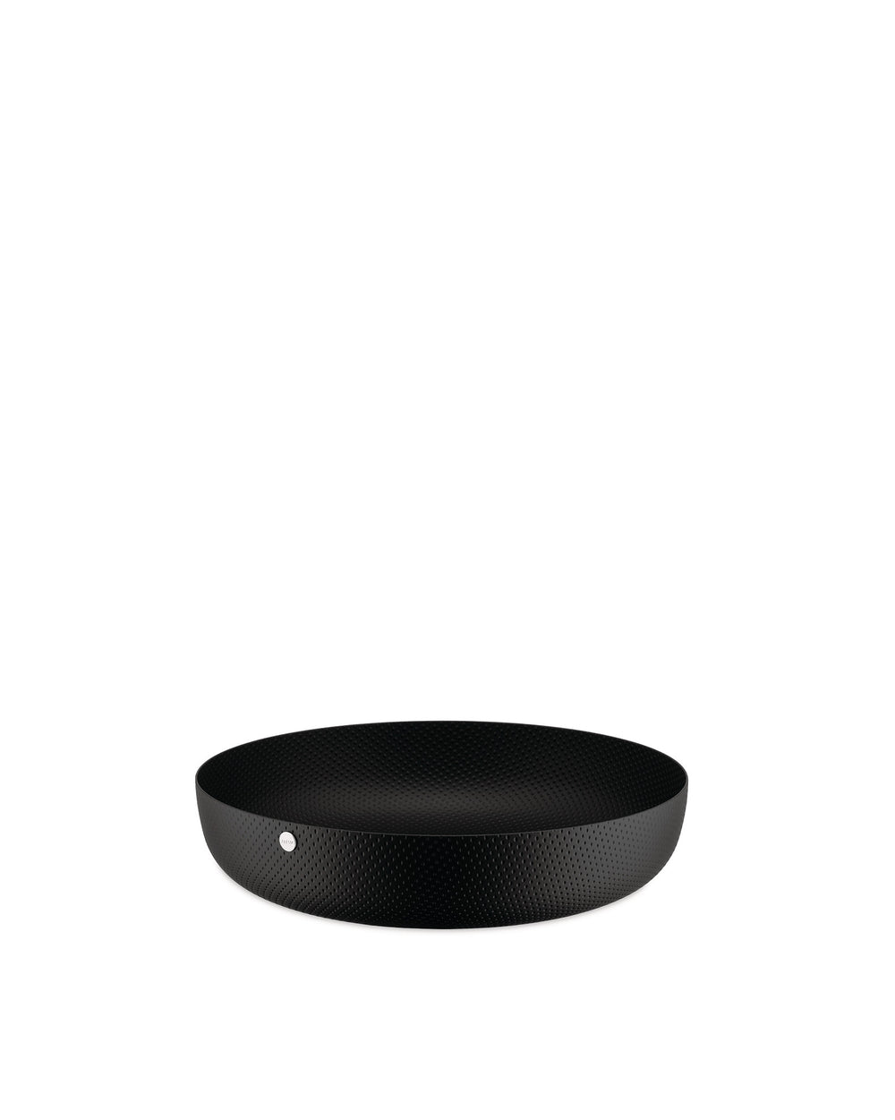Round black bowl by Alessi with a textured surface and small silver button accent.