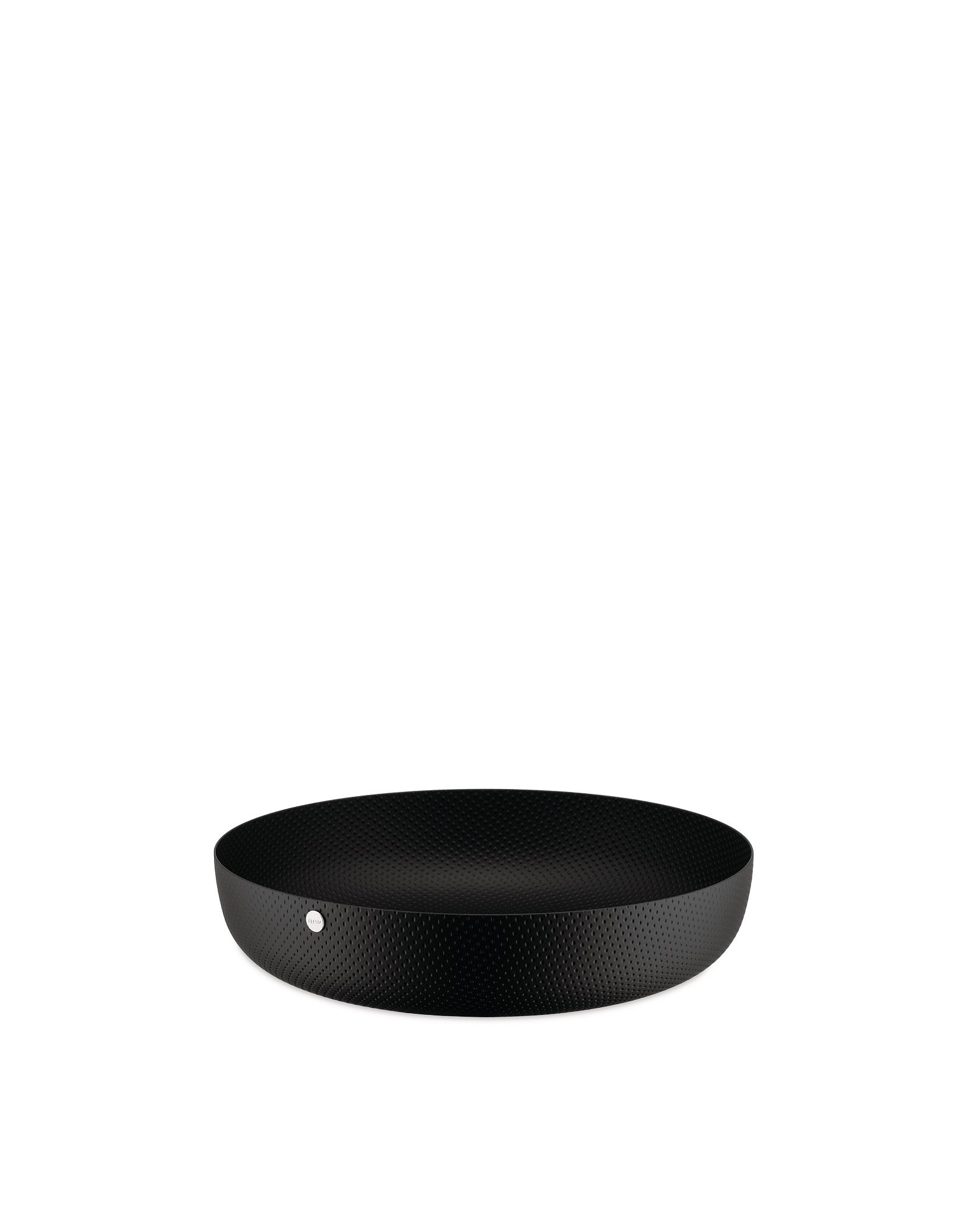 Round black bowl by Alessi with a textured surface and small silver button accent.