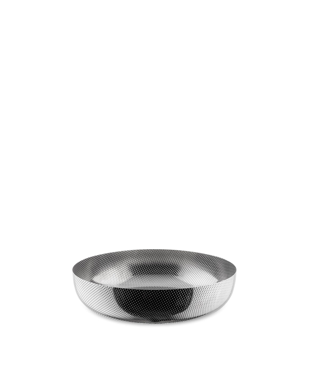 Silver perforated metal bowl by Alessi with a unique dotted texture on a white background.
