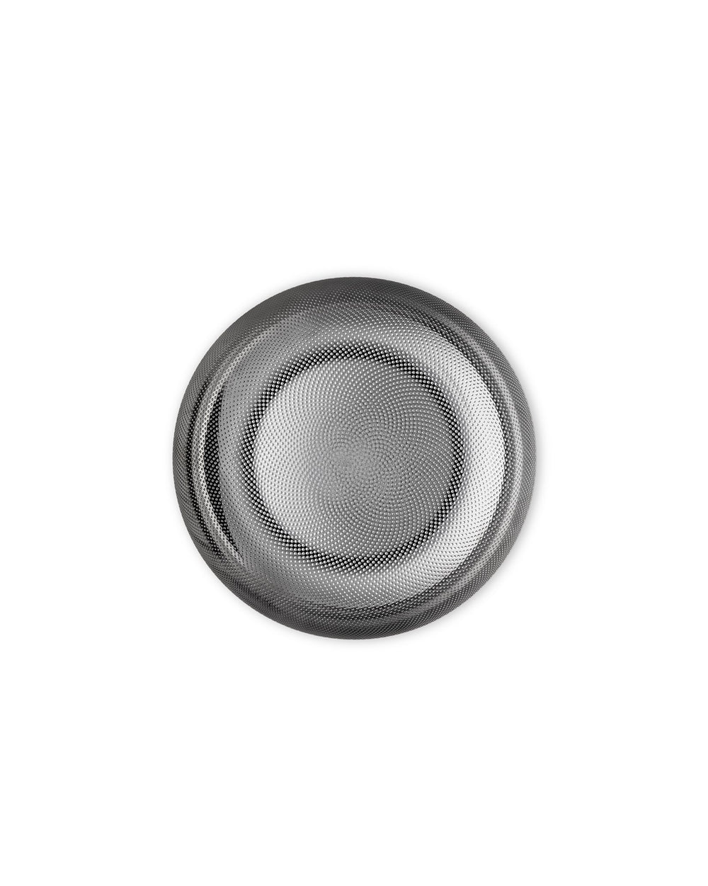 Round metallic serving plate by Alessi, featuring a mesmerizing spiral pattern of raised dots.