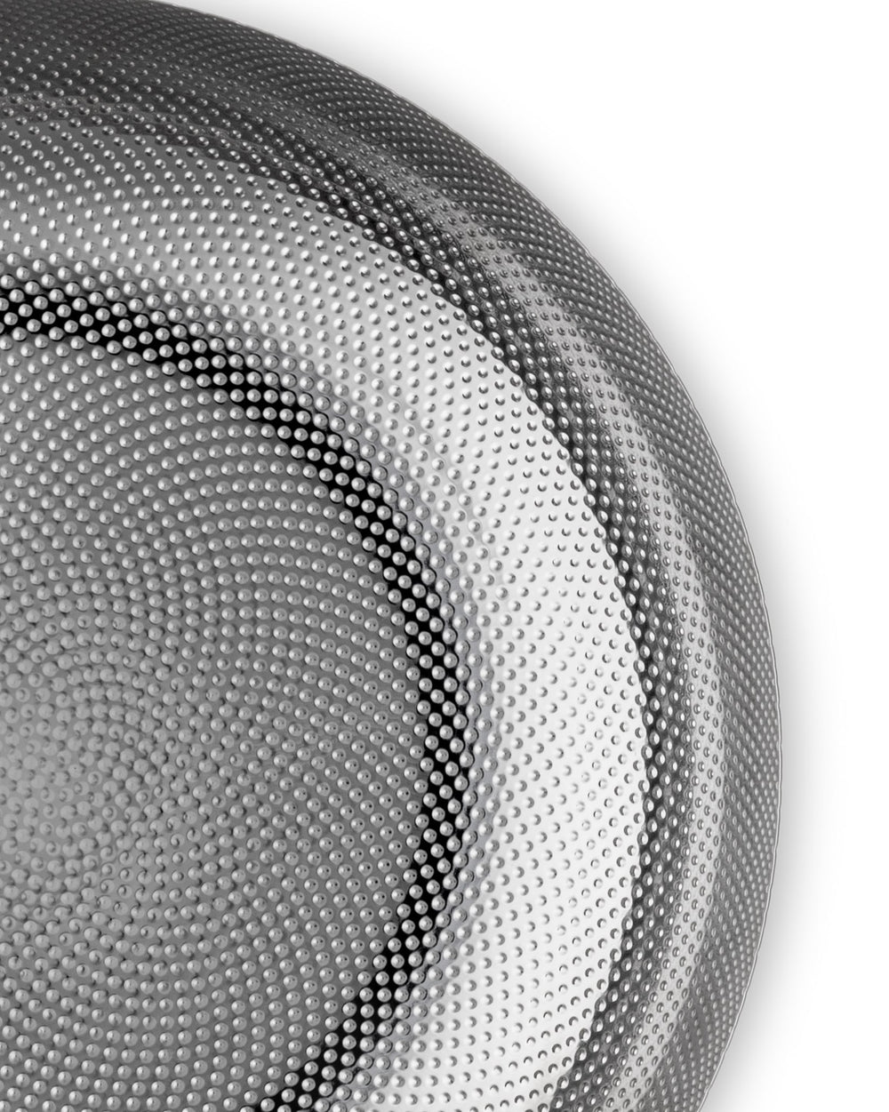Silver metallic object by Alessi, with a distinct dimpled texture and dark accent lines.