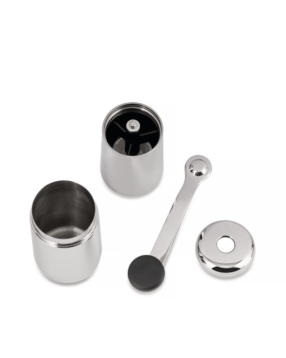 Disassembled stainless steel coffee grinder by Alessi showing its two cylindrical parts, handle with black knob, and cap.