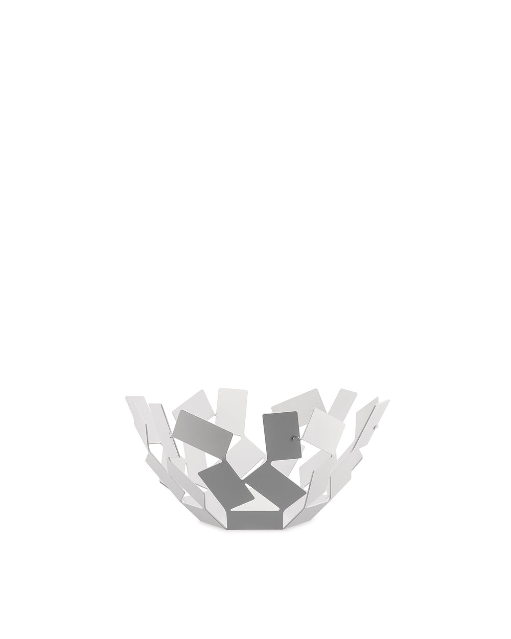 White and grey geometric metal bowl by Alessi, formed from interlocking flat panel shapes.